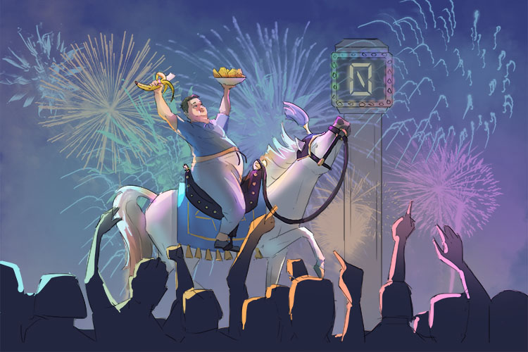 He rode a posh horse while eating hash browns and a banana (Rosh Hashanah) at the New Year Festival